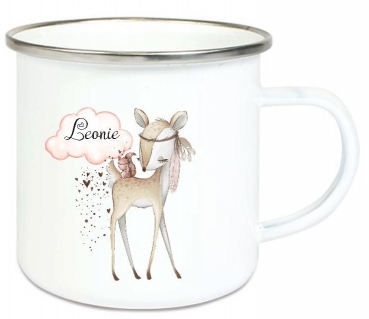 Preview: ♥ zauberhafte Becher Tasse Emailletasse Reh Rehlein Federn Indianer   Name,  Wunschname, KITA Kindergarten, Einschulung, Dankeschön, Abschied, Jubiläum, Geschenk, Becher von Lüttentüddel®
